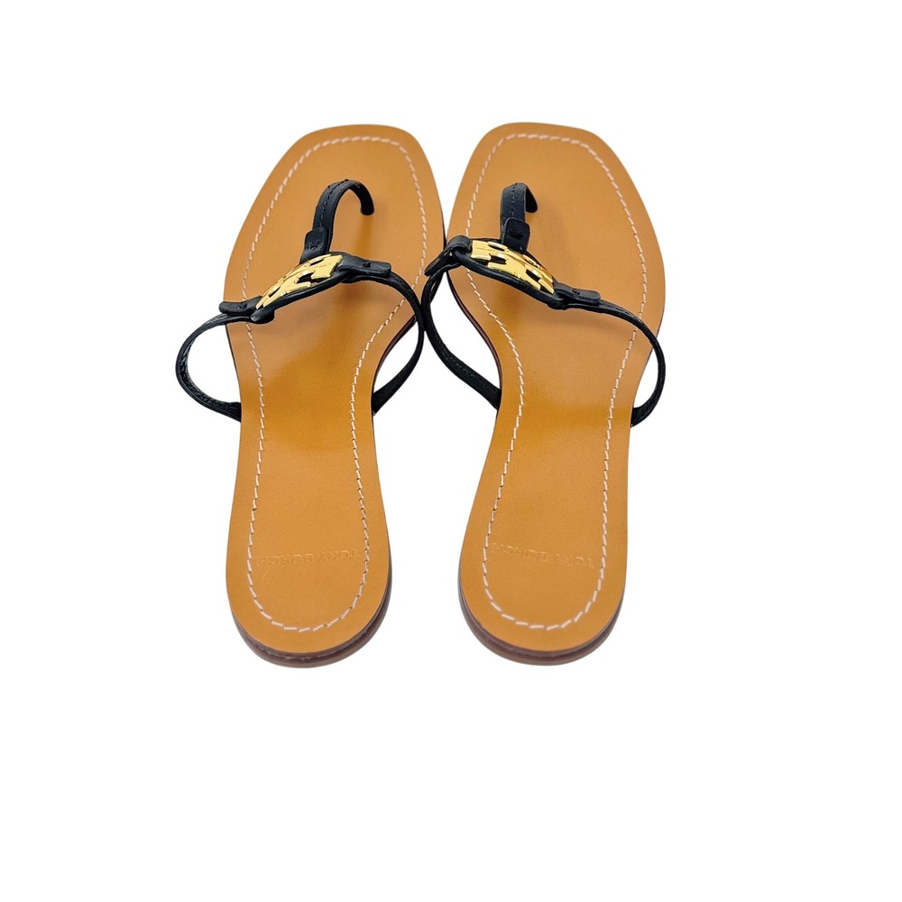 Tory Burch Mini Miller Sandals Black Leather Logo Thong Size 8.5 - Picture 5 of 10